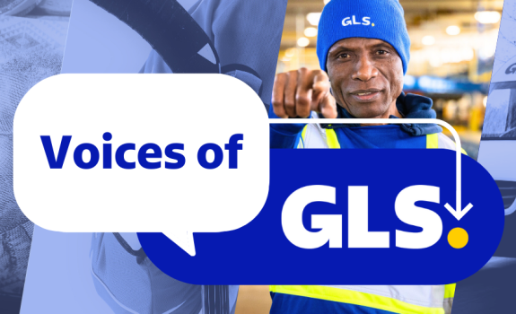 Blue background with images of a hockey player and a GLS employee on which it is written 