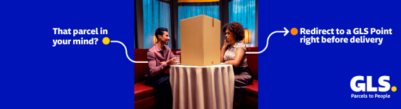 A couple enjoys a quiet dinner at a restaurant while their package waits for them at a GLS Point