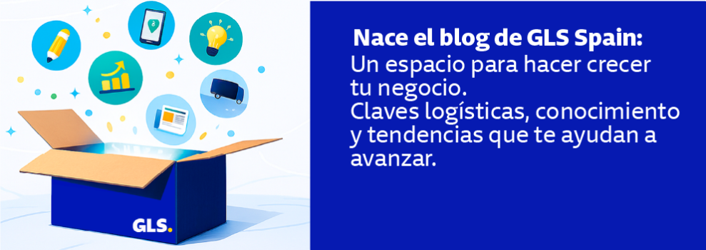 Imagen promocional del lanzamiento del blog de GLS Spain con una caja azul abierta de GLS de la que salen iconos de logística, innovación y crecimiento empresarial sobre fondo azul.
