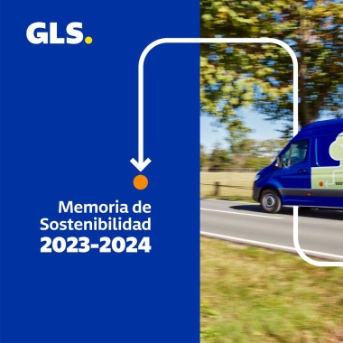 GLS Spain Sustainability Report 2023-2024 cover featuring a blue eco-friendly delivery van with a green tree symbol, driving through a countryside road, next to a bold blue section with the GLS logo and title.