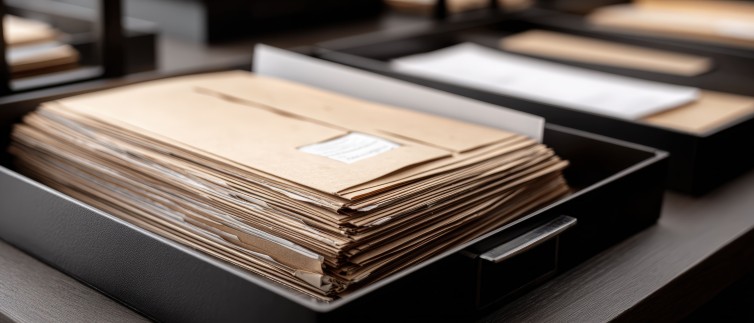 Archivador de oficina con carpetas de documentos organizadas en un cajón, concepto de gestión documental y trámites administrativos