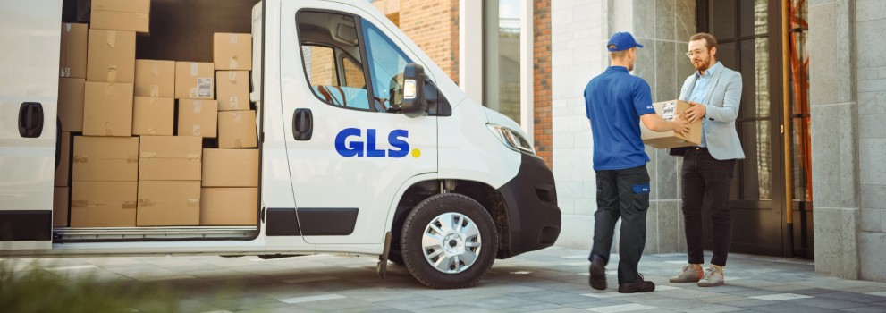 GLS driver picking up a package at a customer